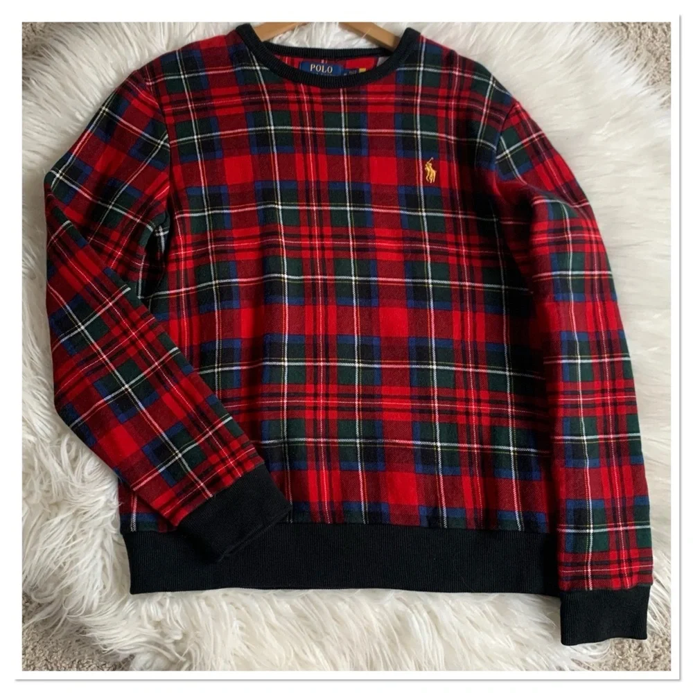 Polo Ralph Lauren Buffalo Check Plaid Crewneck Sweater Red Multicolor Size M